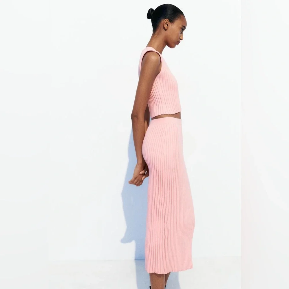 Zara Pink Ribbed Knit Two-Piece Skirt Set